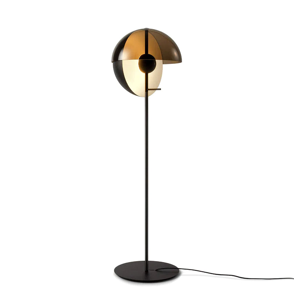Black Clérachic floor lamp on a white background, its bronze-tinted dome open to show a pale globe above a thin stem and round base.
