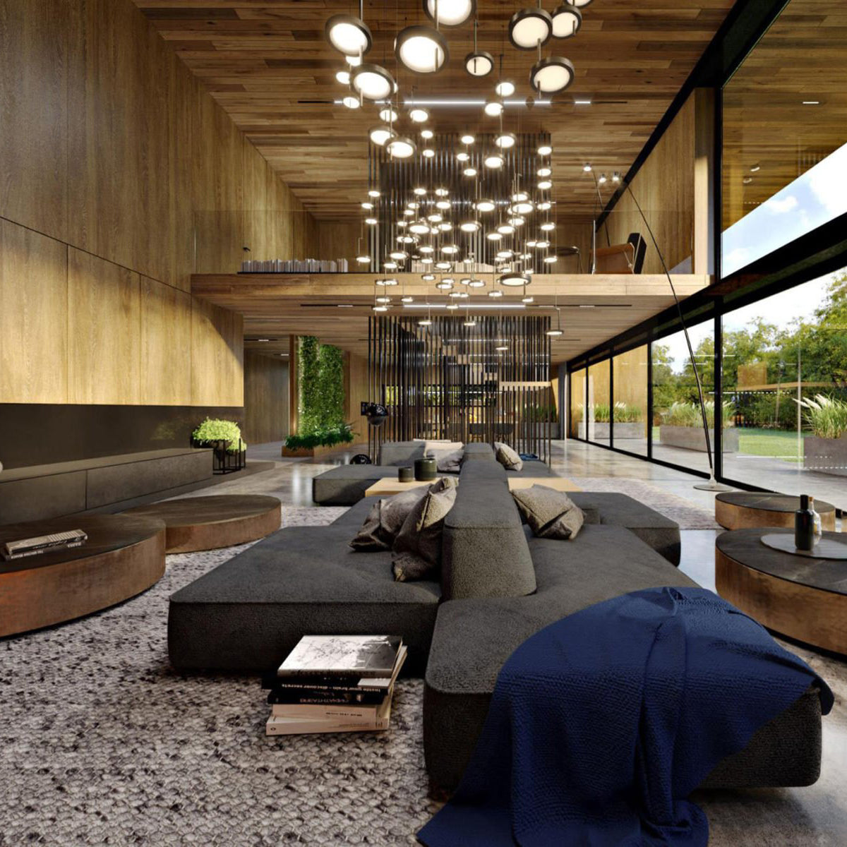 Broad view of a modern lounge with a low grey sofa, a timber-clad ceiling and pendant lights; the Clérachic lamp is far behind.