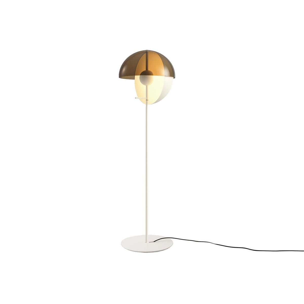 White-stemmed Clérachic floor lamp with a smoked bronze dome over a frosted globe, a round white base and a black cord, on white.