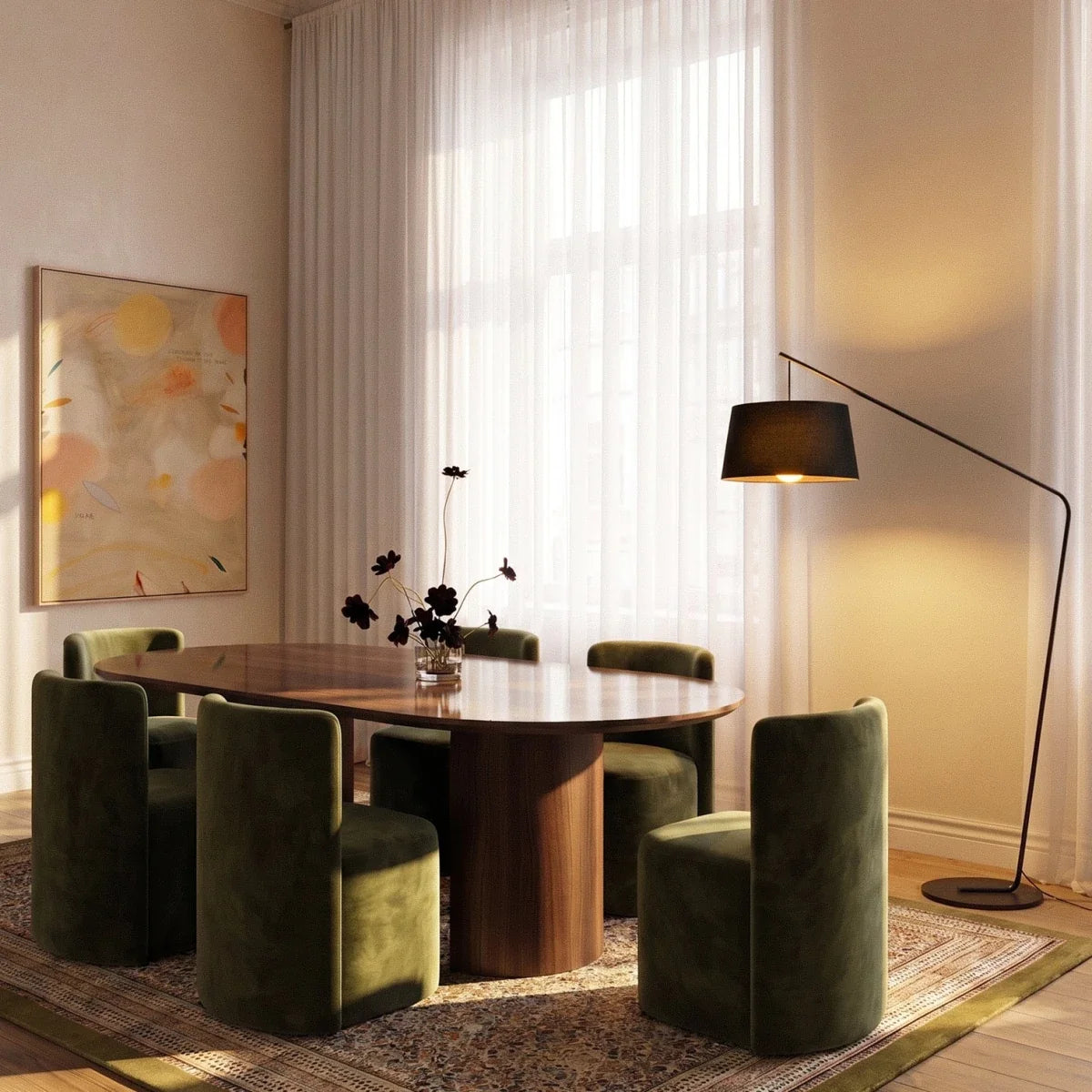 Clérachic black arc floor lamp with a fabric shade glowing beside sheer curtains and an olive velvet dining set.