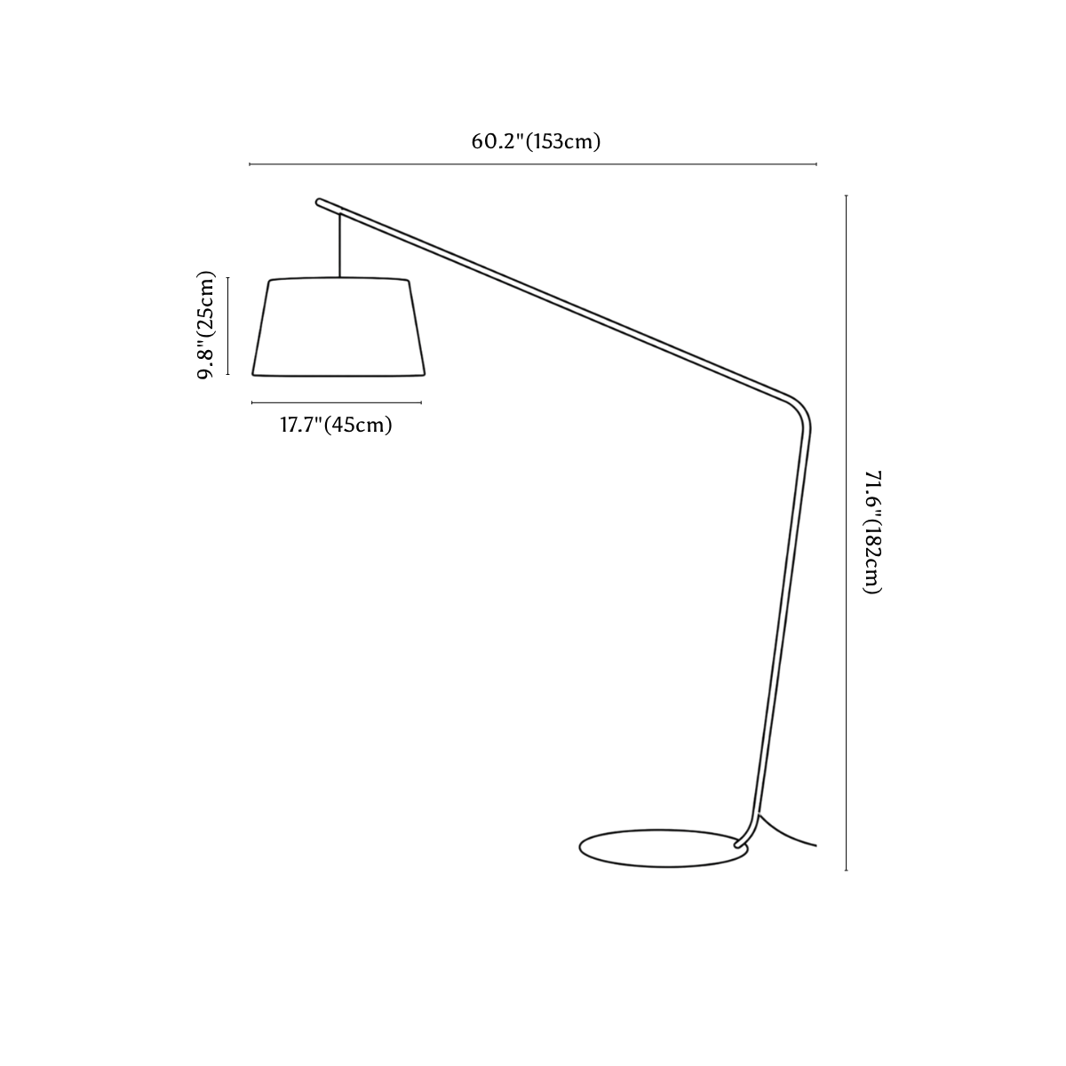 Clérachic floor lamp dimension drawing, every measurement marked in centimetres and inches.
