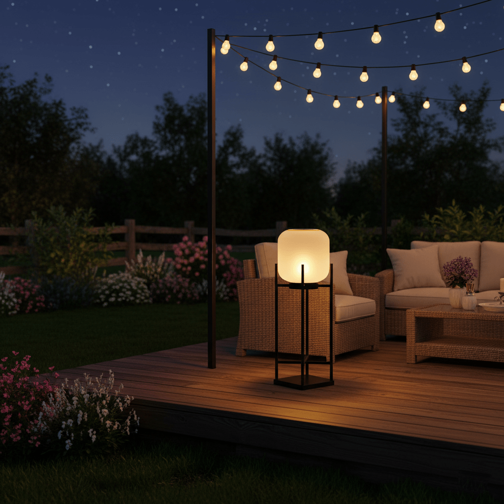 Clérachic lantern glowing on a timber deck at night, with wicker chairs, string lights and a garden beyond.