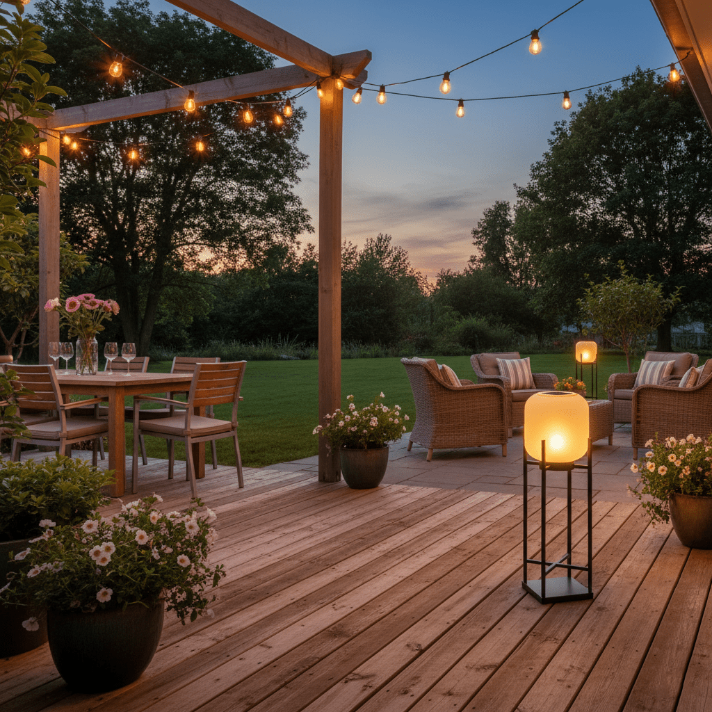 Lit Clérachic floor lantern on a wooden deck under a pergola at dusk, with string lights and a laid dining table behind.