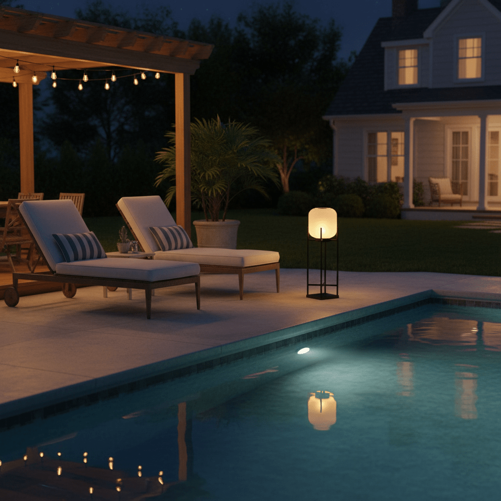 Clérachic lantern with a warm glow on a poolside terrace at night, with sun loungers and a lit house across the water.