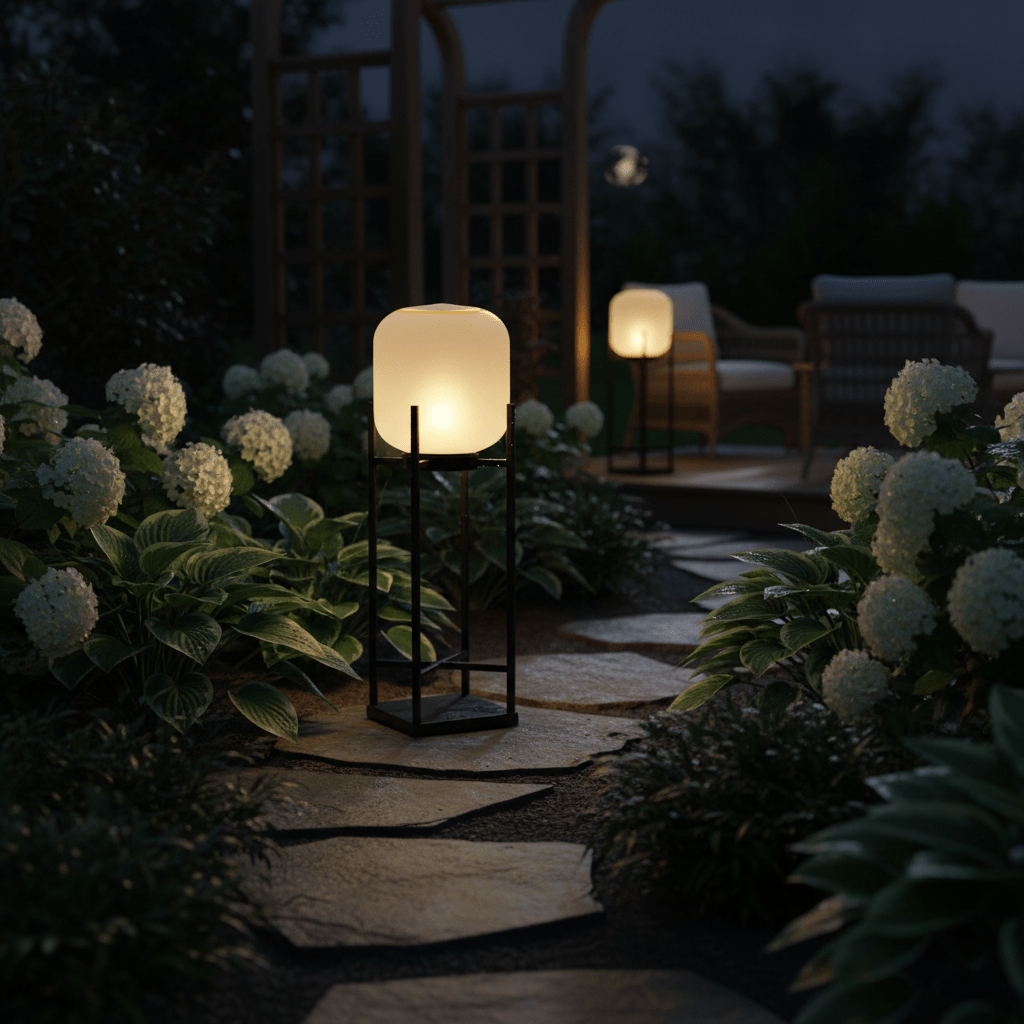 Clérachic lantern glowing among white hydrangeas beside a stepping-stone path, with a second lantern lit further back.
