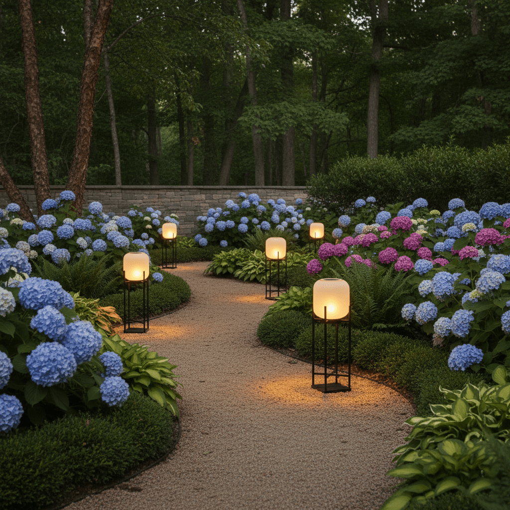 Clérachic lanterns lighting a curving gravel path through blue and pink hydrangeas, with woodland in the dark behind.