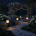 Row of small Clérachic lanterns lit along a flagstone path through lavender, with a flowering arbour and string lights behind.