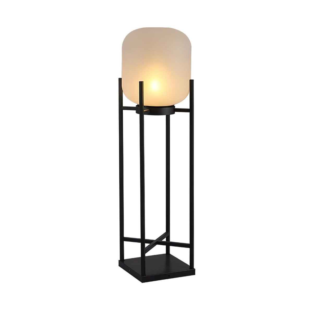 Front view of this Clérachic lantern lit on a white background, with a black four-post frame braced by a cross rail.