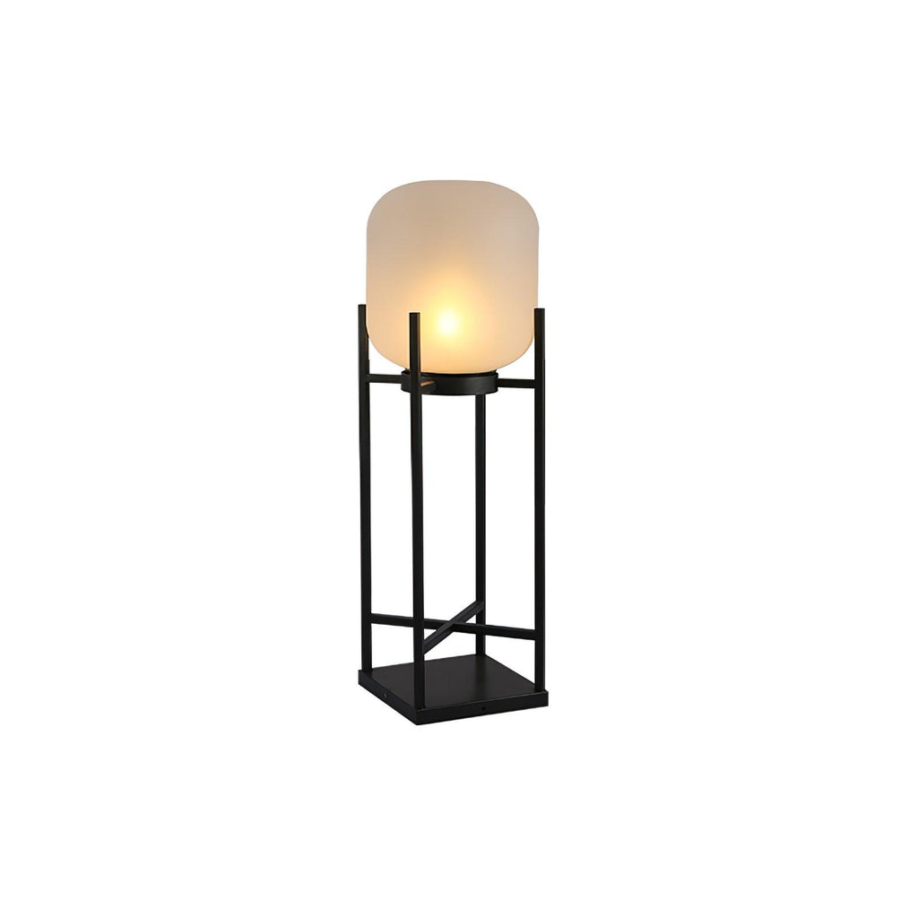 Shorter version of this Clérachic lantern lit on a white background, with a black four-post frame and square base.