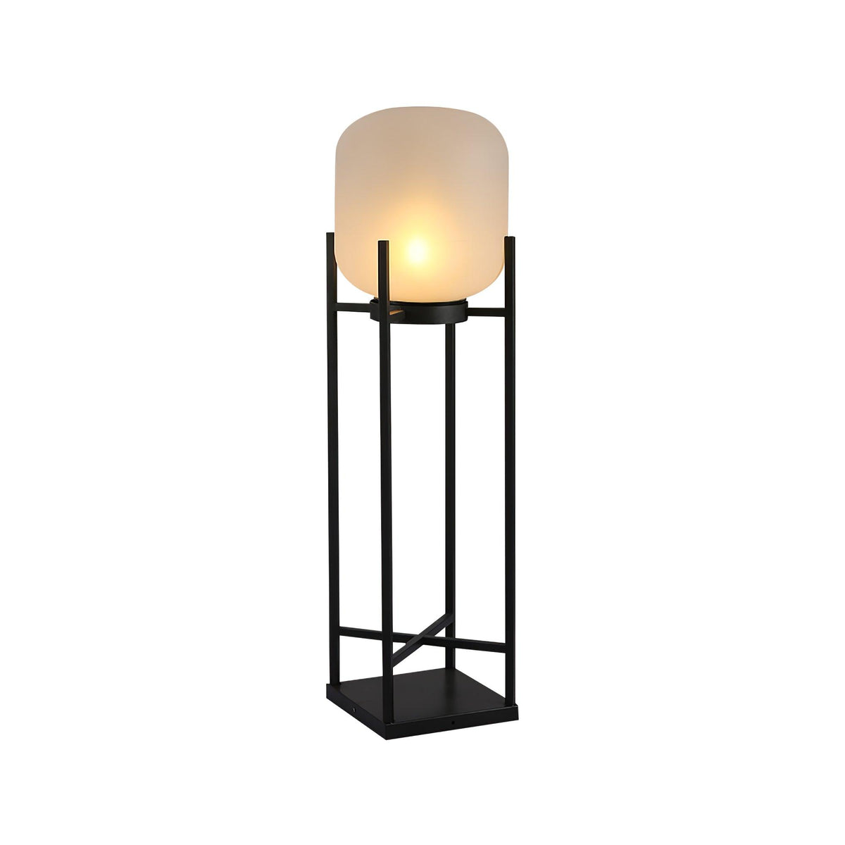 Tall Clérachic lantern lit on a white background, seen at a slight angle, with a frosted shade and square base.