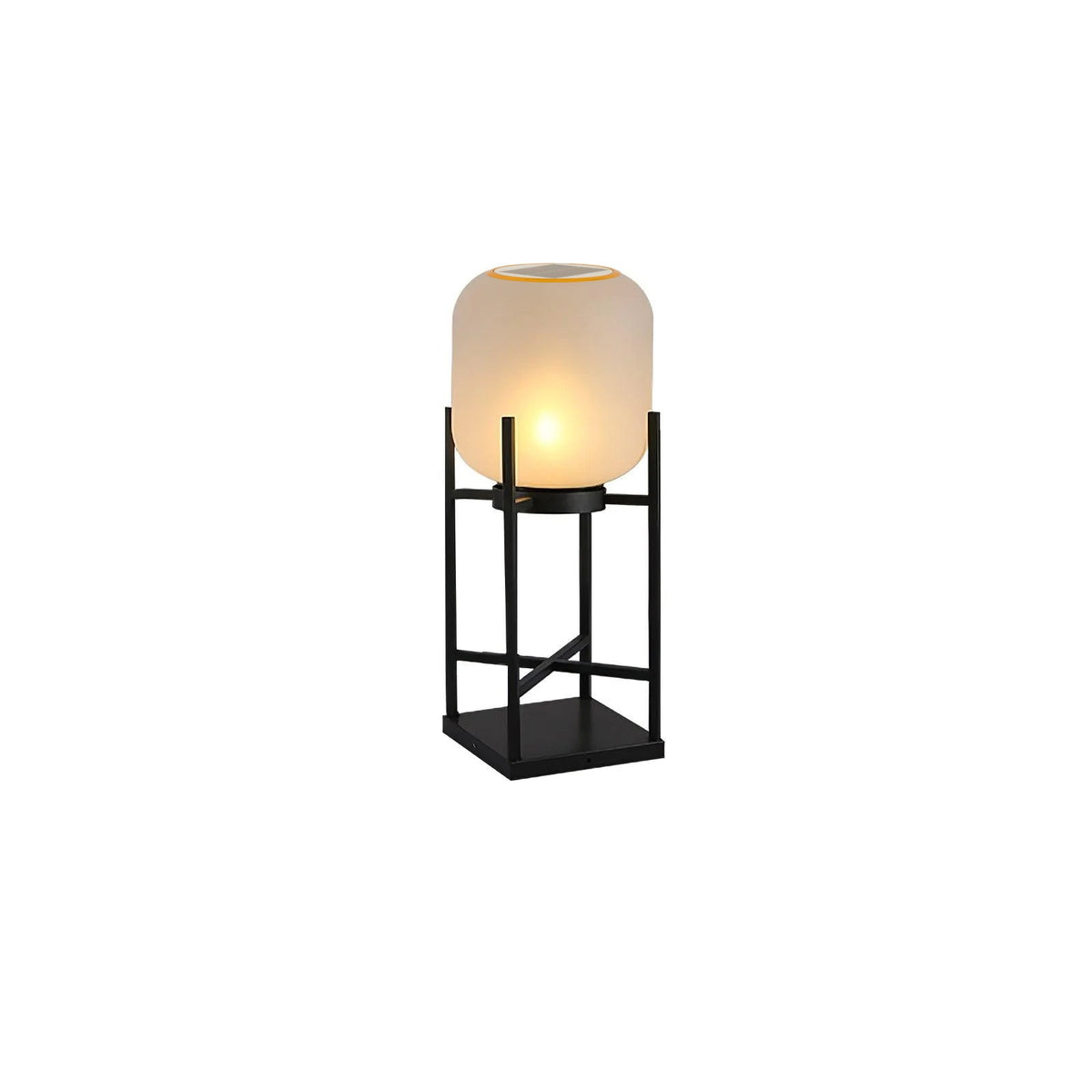 Short Clérachic lantern lit on a white background, with a thin solar panel ring visible at the top of its frosted shade.