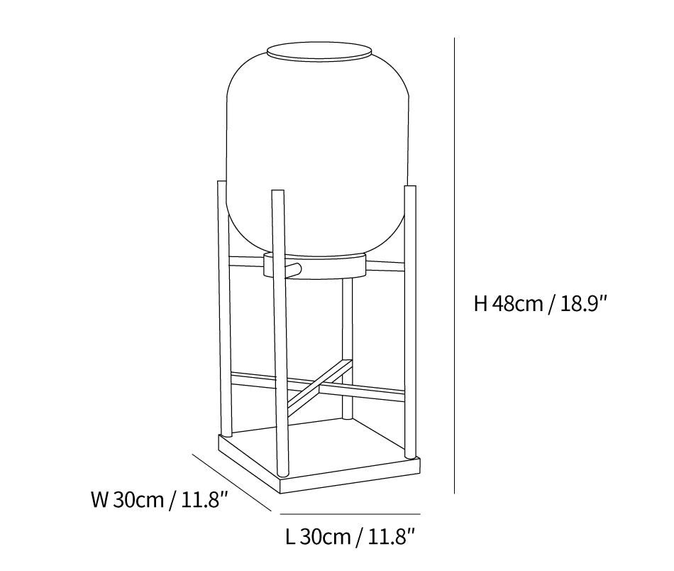 Clérachic floor lamp dimension drawing, 1 of 2, every measurement marked in centimetres and inches.
