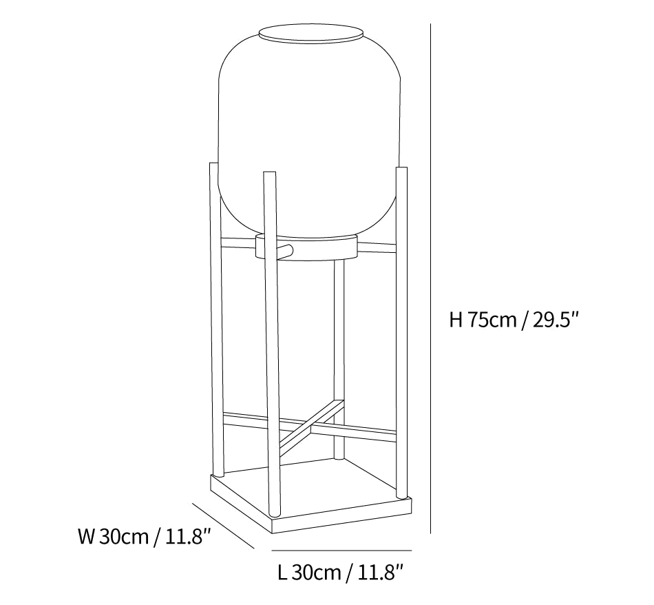 Clérachic floor lamp dimension drawing, 2 of 2, every measurement marked in centimetres and inches.