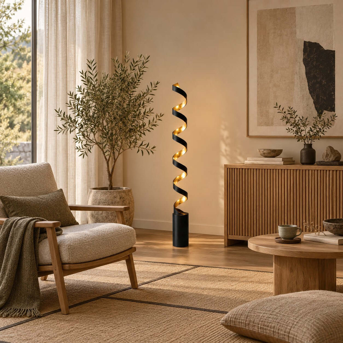 Beside a rattan-armed chair and an olive tree, this Clérachic black and gold spiral floor lamp lights a cream wall above a woven rug.