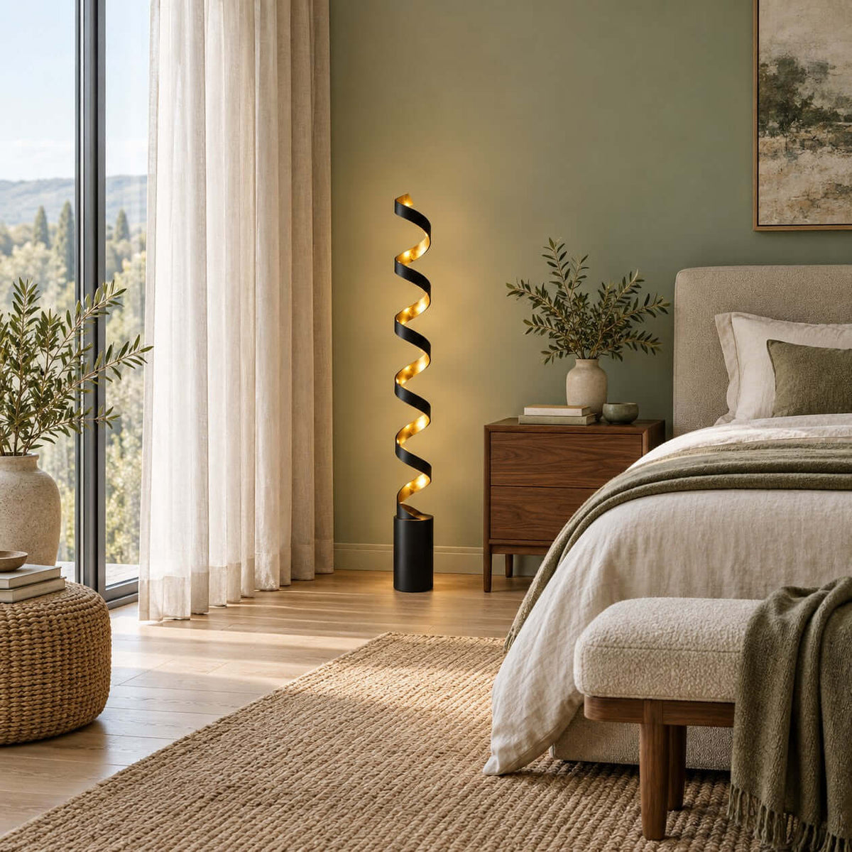 Lit at the foot of a bed, the black spiral of this Clérachic floor lamp shows its gold inside against a sage-green wall.