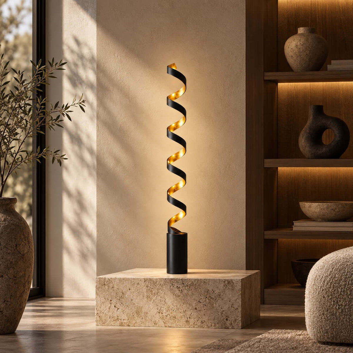 The gold inner face of this Clérachic spiral floor lamp lit up on a pale stone plinth, with ceramic vases on warm shelves behind.