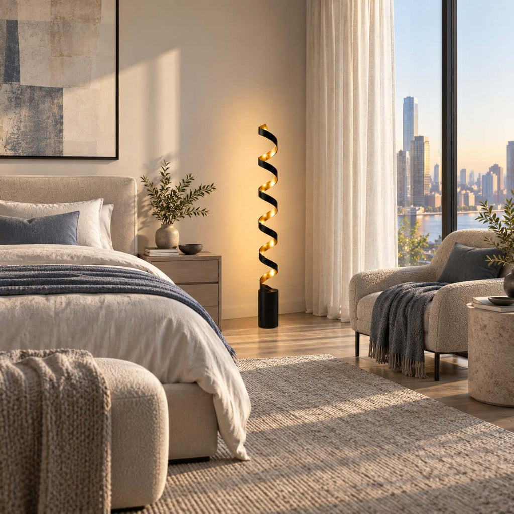 A Clérachic spiral floor lamp lit next to a bed with linen curtains, a pale armchair and a tall window looking out over a city.