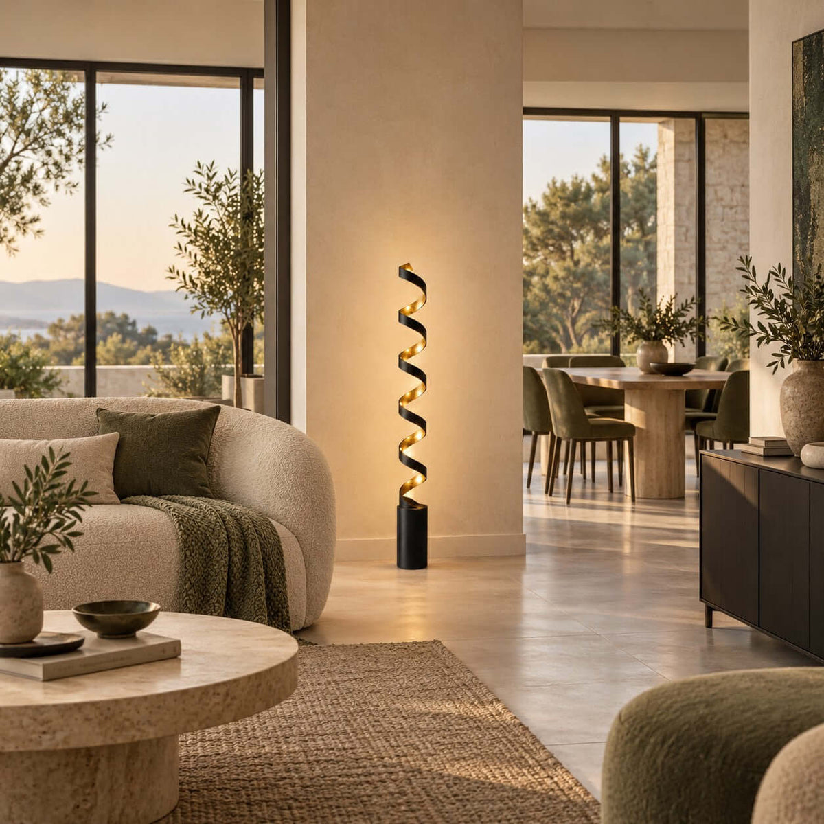 Standing between a boucle sofa and a dining area, this Clérachic black spiral floor lamp casts a warm glow in an open-plan room.