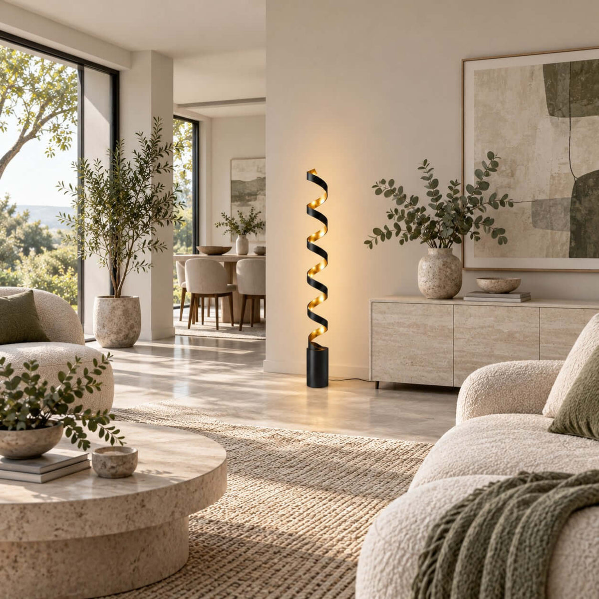 In a bright open living space, this Clérachic spiral floor lamp stands by a pale console, with a round stone coffee table in front.