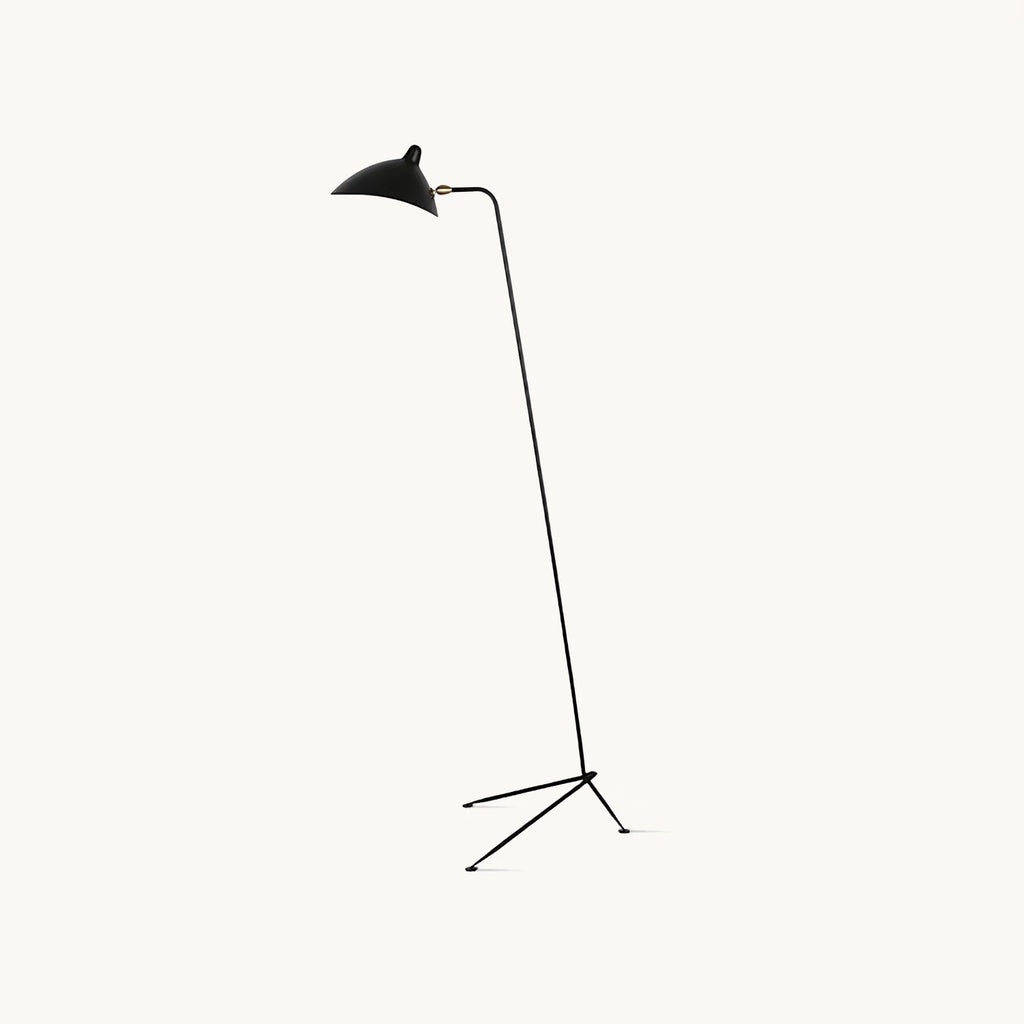 This Clérachic black floor lamp on a plain white backdrop, with a slim tripod base and a long arm ending in a small angled shade.