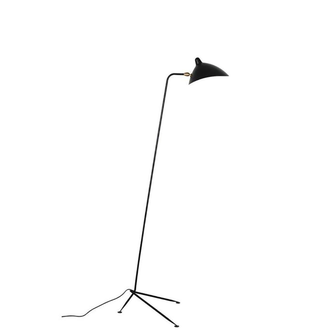 Clérachic black floor lamp with a tripod base, seen from the side on a white backdrop with its cord trailing on the floor.