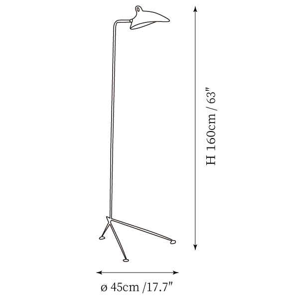 Clérachic floor lamp dimension drawing, every measurement marked in centimetres and inches.