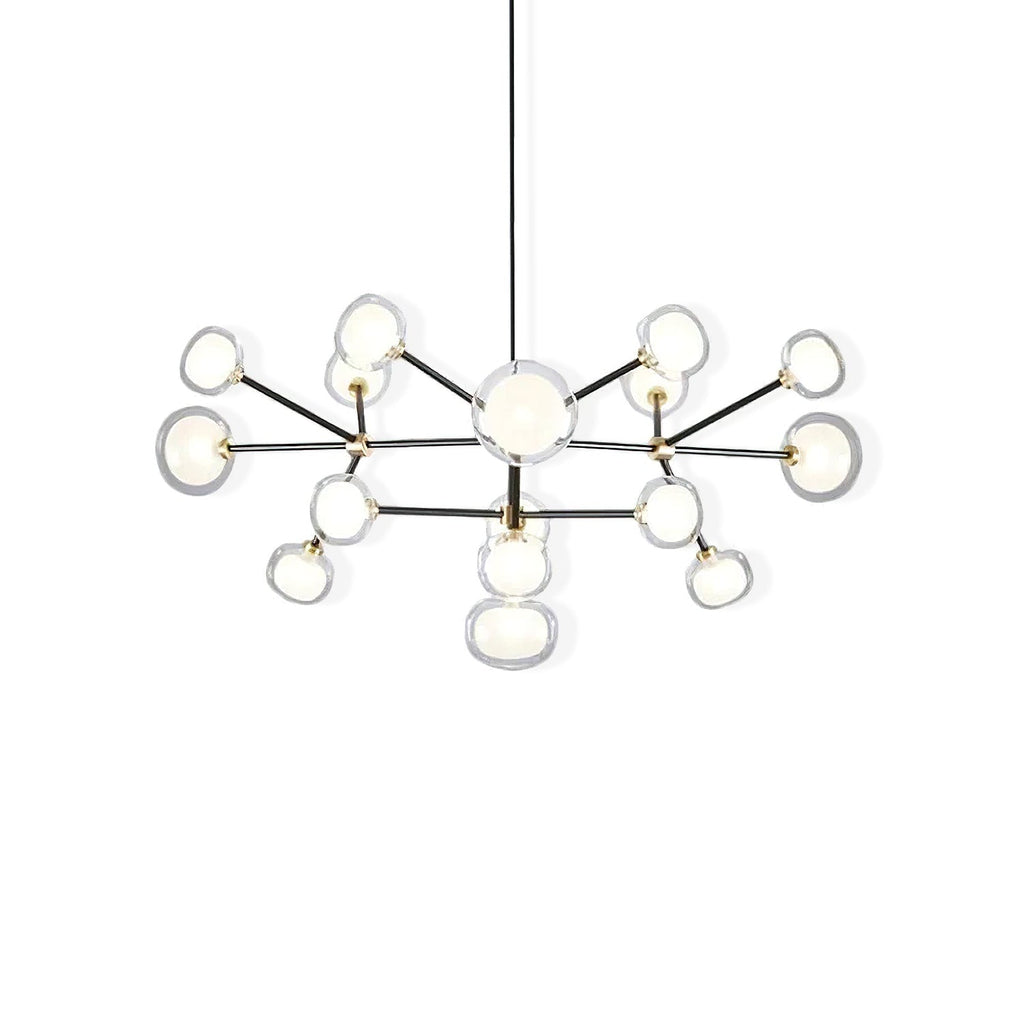 Black-framed Clérachic chandelier on a plain white backdrop, with clear and white glass globes in two tiers on thin black arms.