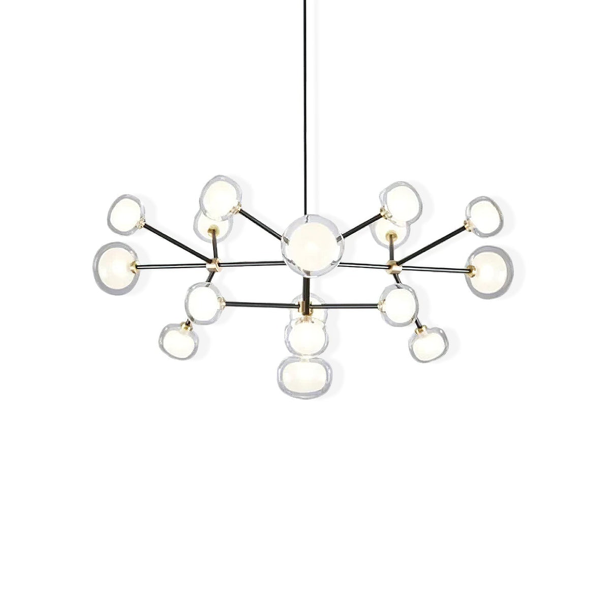 Black-framed Clérachic chandelier on a plain white backdrop, with clear and white glass globes in two tiers on thin black arms.