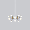 Small view of this Clérachic chandelier on a plain grey backdrop, hung from a thin black rod, with a wide ring of glass globes.