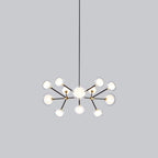 Small view of this Clérachic chandelier on a plain grey backdrop, hung from a thin black rod, with a wide ring of glass globes.