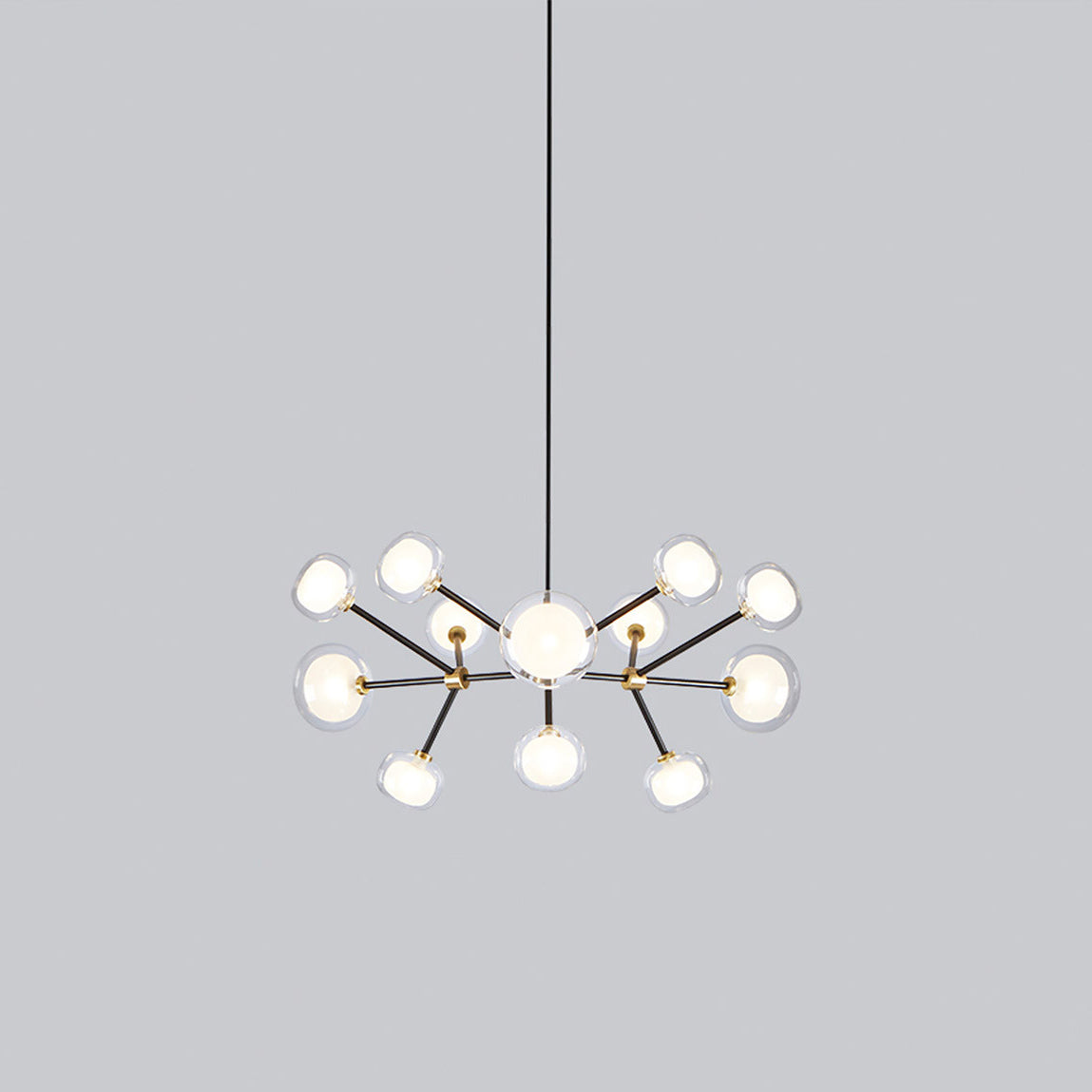 Small view of this Clérachic chandelier on a plain grey backdrop, hung from a thin black rod, with a wide ring of glass globes.