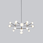 Clérachic chandelier on a grey backdrop, shown from the side with its two tiers of glass globes spread wide beneath the black rod.