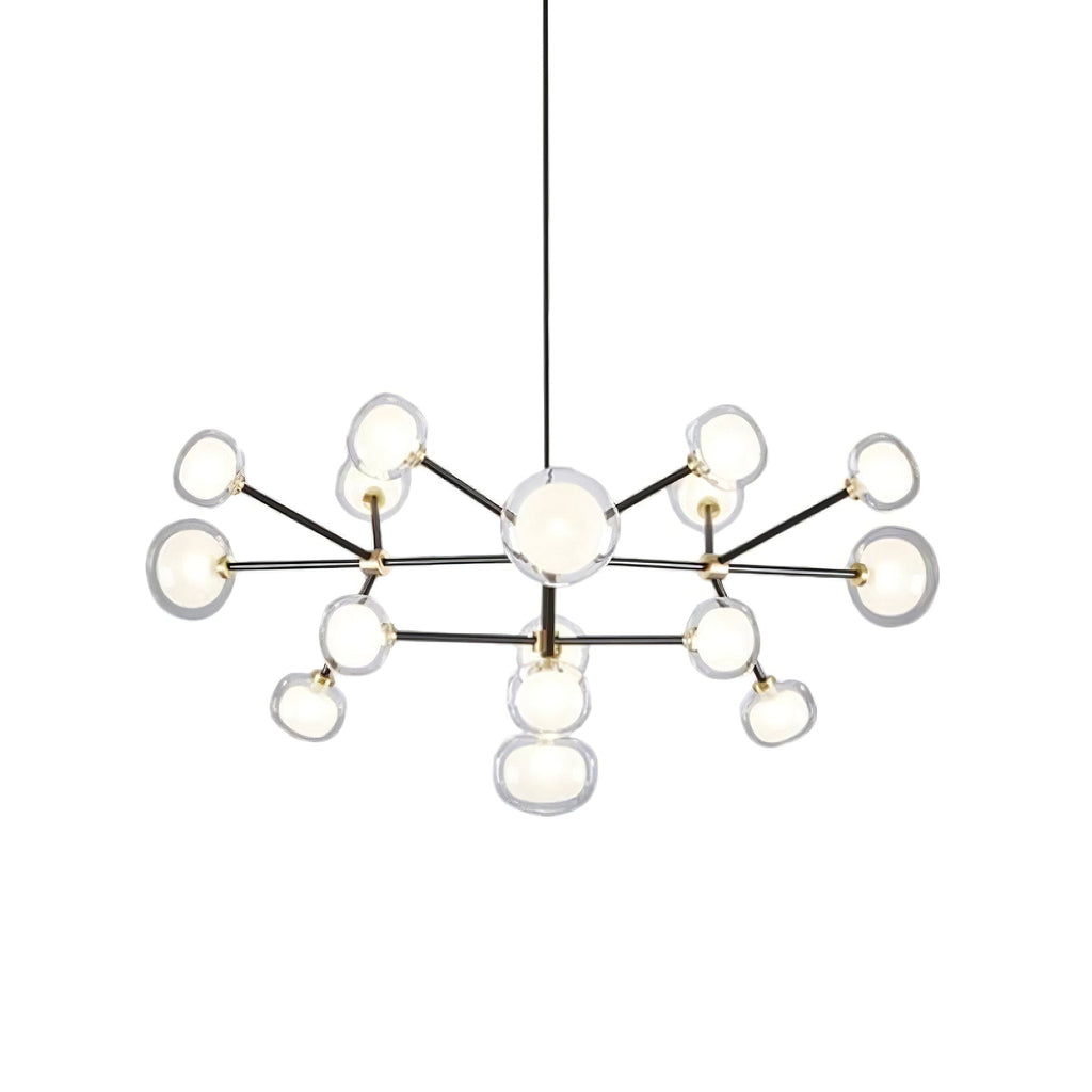 Clérachic chandelier on white, with two tiers of clear-rimmed glass globes on black arms hung from a thin black rod.