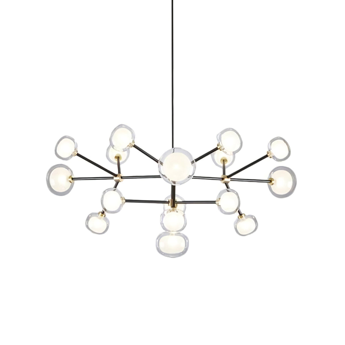 Clérachic chandelier on white, with two tiers of clear-rimmed glass globes on black arms hung from a thin black rod.