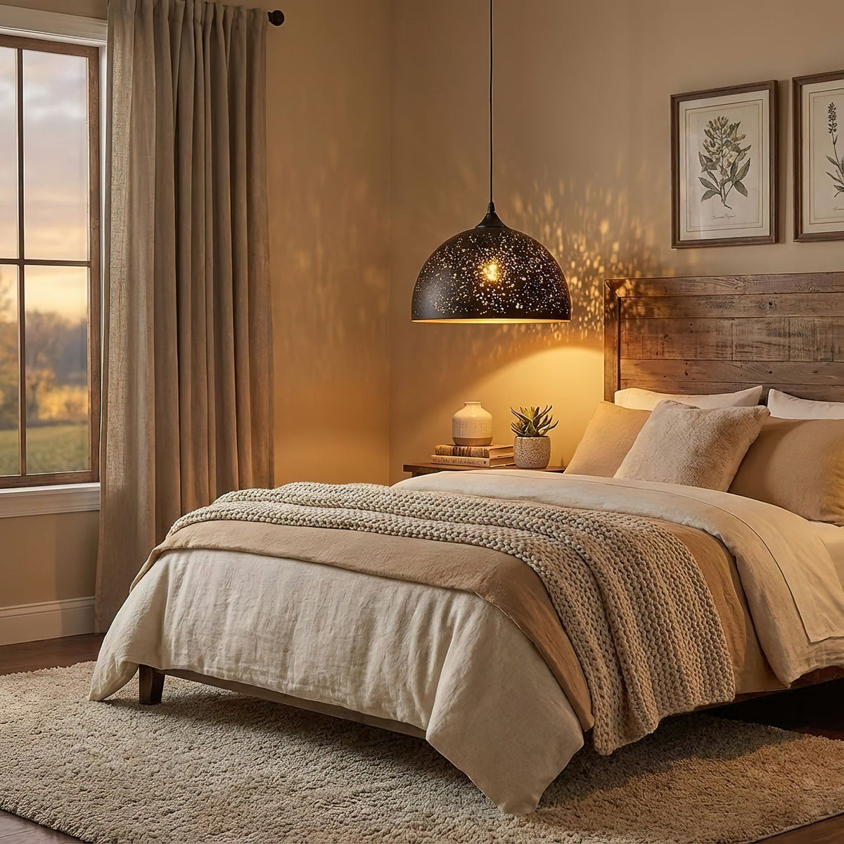 Clérachic dome pendant glowing over a bed with cream linen and a knitted throw, casting a speckled pattern on the warm wall.