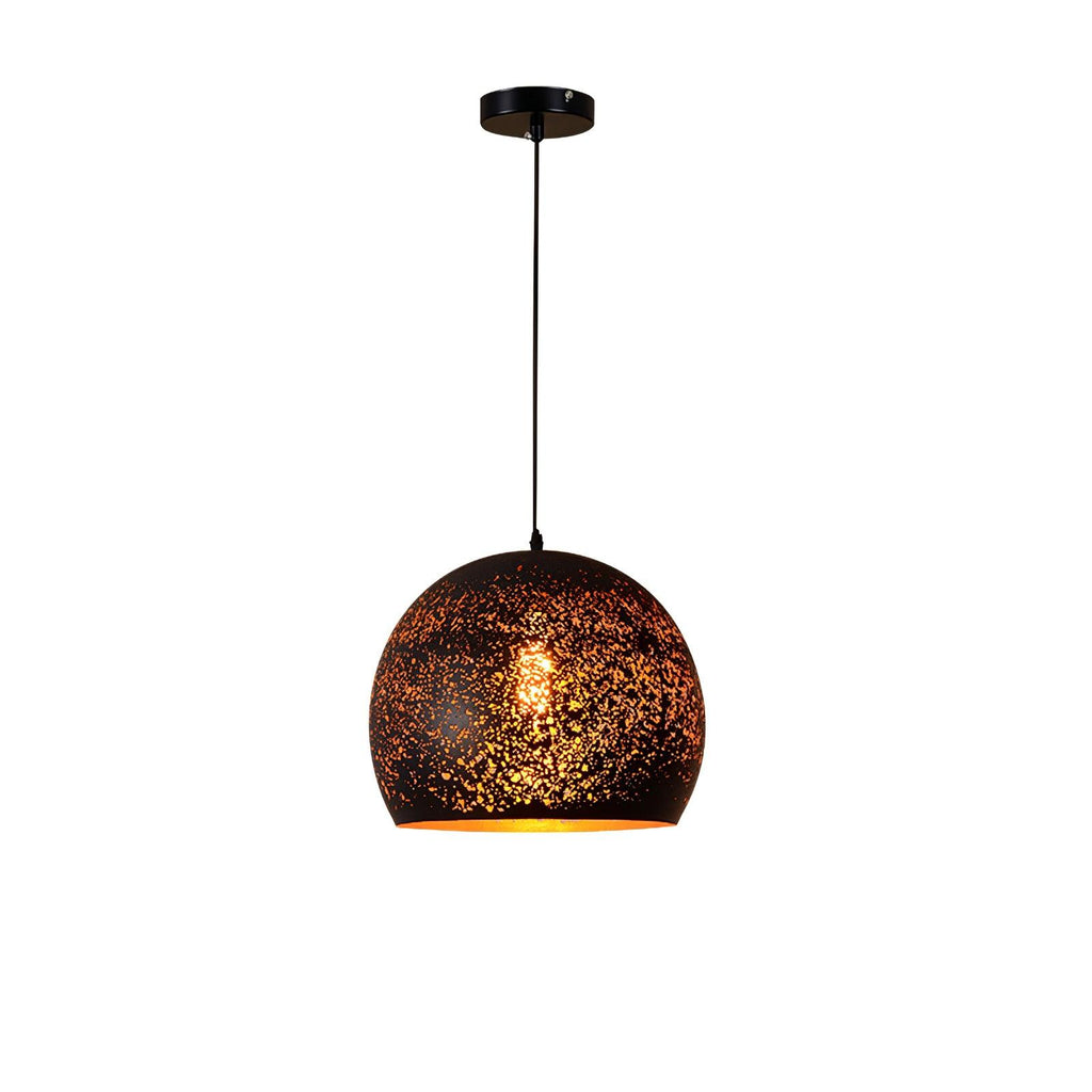 Round Clérachic pendant with a speckled black shade, a bulb glowing inside, hanging from a ceiling plate on a white backdrop.