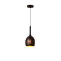 Small Clérachic pendant with a long slim neck and a rounded black shade dotted with perforations, on a white backdrop.