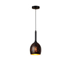 Small Clérachic pendant with a long slim neck and a rounded black shade dotted with perforations, on a white backdrop.