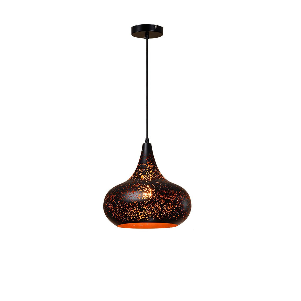 Clérachic pendant with a wide rounded shade and a short neck, its perforations letting gold light through, on a white backdrop.