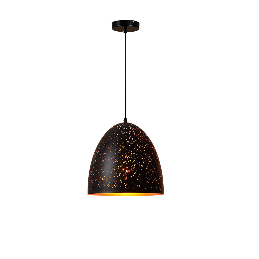 Tall bell-shaped Clérachic pendant with a perforated black shade and a gold interior, hanging from a ceiling plate on white.