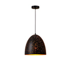Tall bell-shaped Clérachic pendant with a perforated black shade and a gold interior, hanging from a ceiling plate on white.