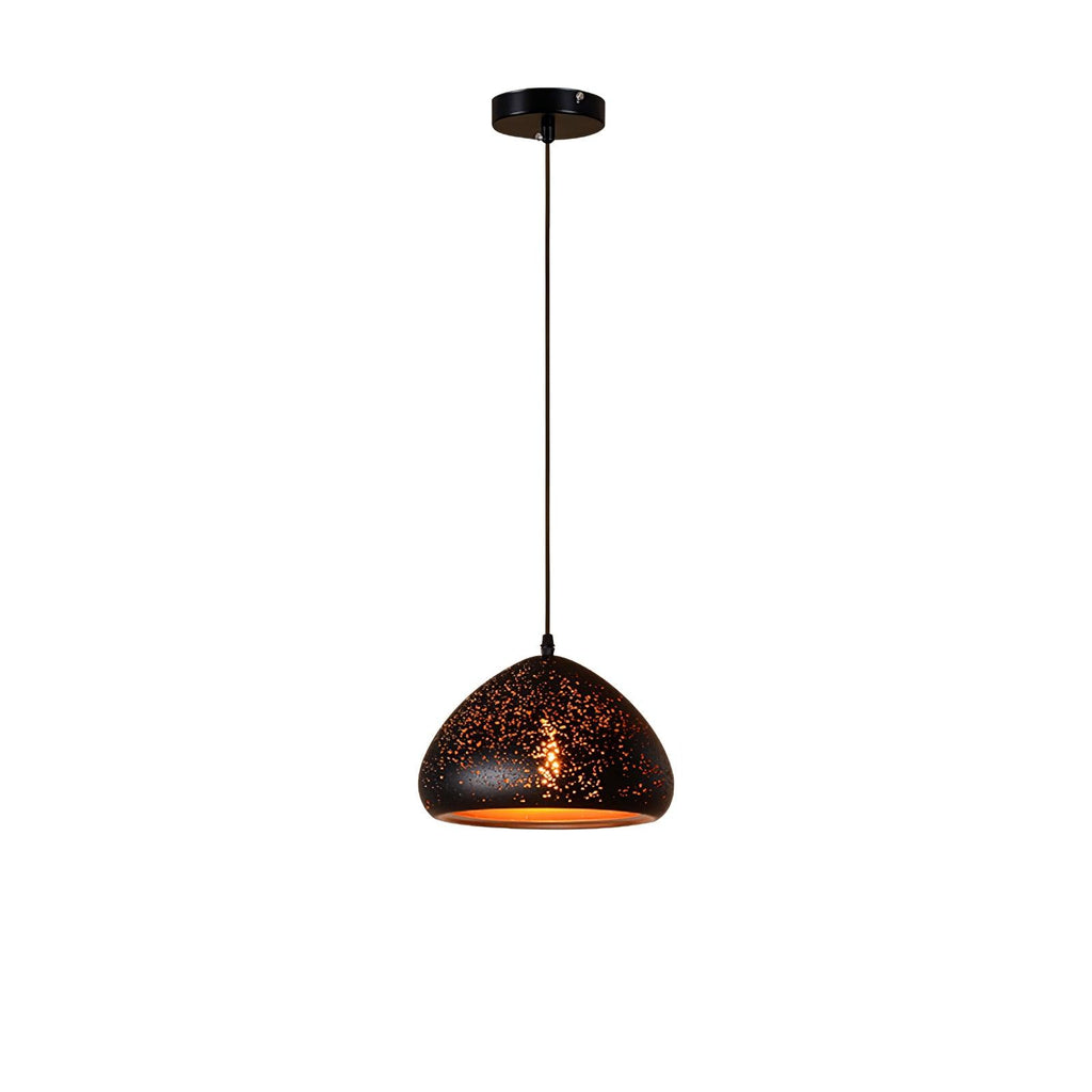Low, wide Clérachic pendant with a rounded black shade and a gold lining, hanging from a ceiling plate on a white backdrop.