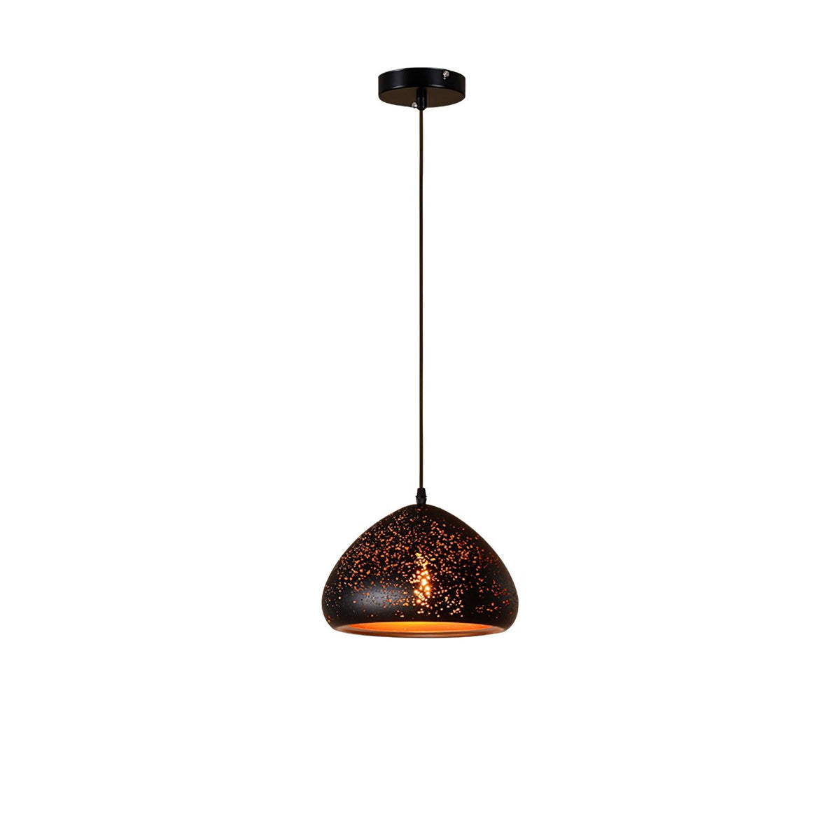 Low, wide Clérachic pendant with a rounded black shade and a gold lining, hanging from a ceiling plate on a white backdrop.