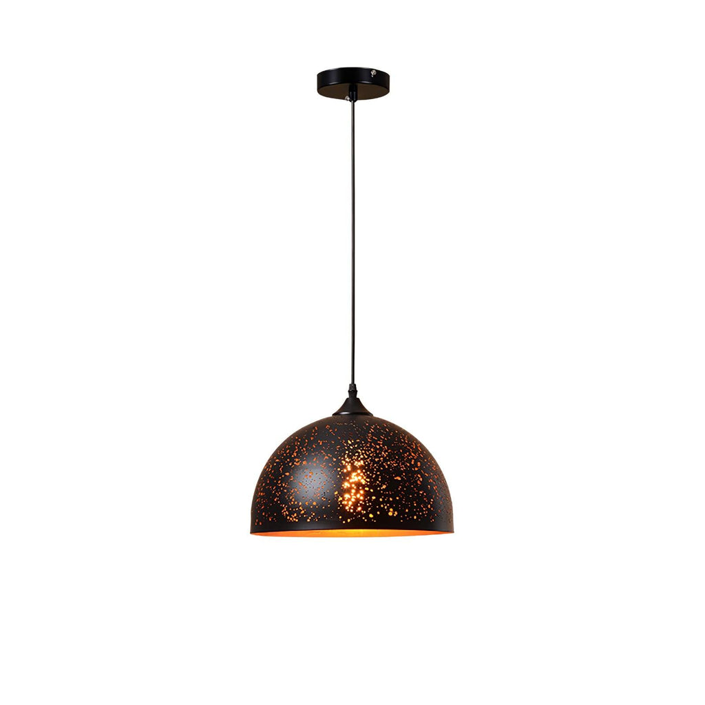 Wide-domed Clérachic pendant with a speckled black shade lit from inside, hanging from a ceiling plate on white.