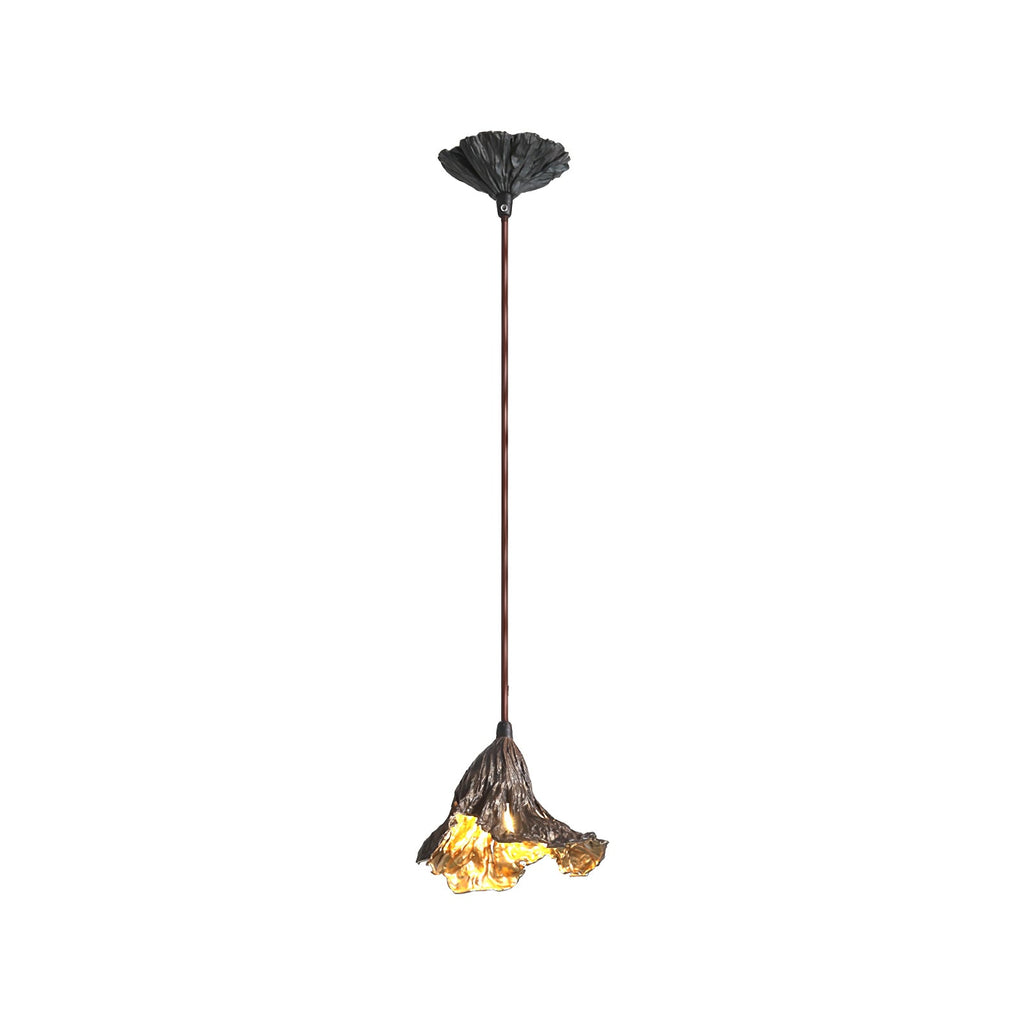 A single Clérachic pendant with a leaf-shaped canopy and long cord, its blackened shade lit gold, on white.