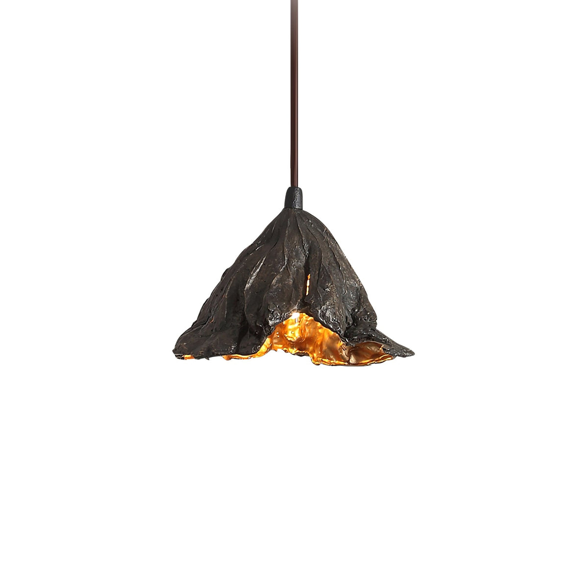One Clérachic pendant with a rough dark shade and a gold underside hangs from a dark cord on a white backdrop.
