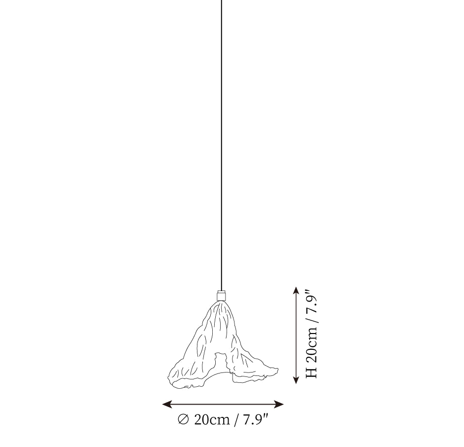 Clérachic pendant light dimension drawing, 1 of 2, every measurement marked in centimetres and inches.