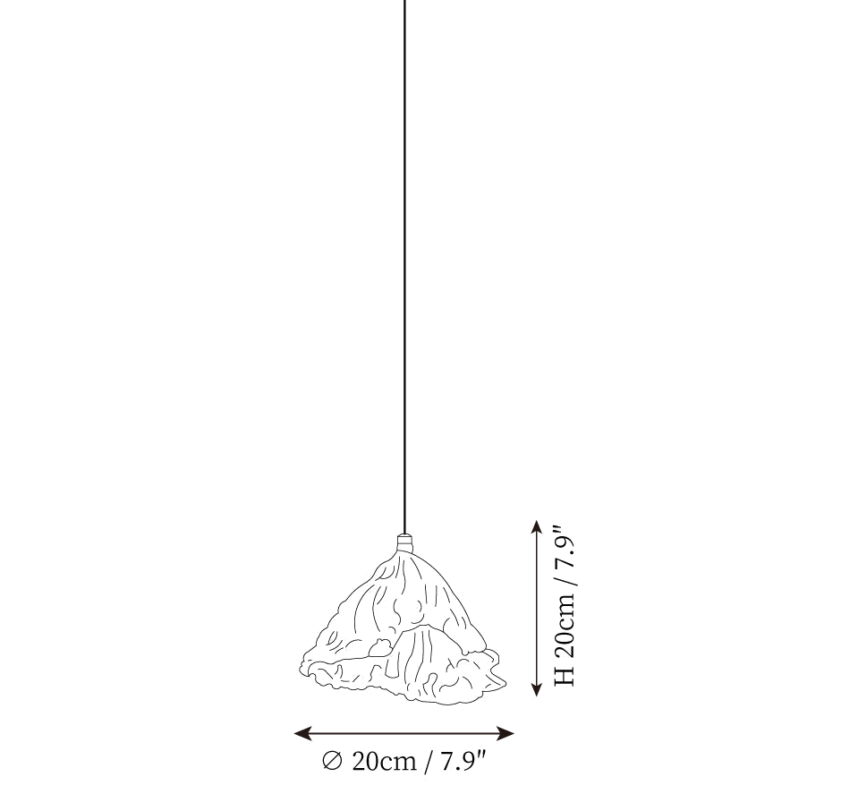 Clérachic pendant light dimension drawing, 2 of 2, every measurement marked in centimetres and inches.