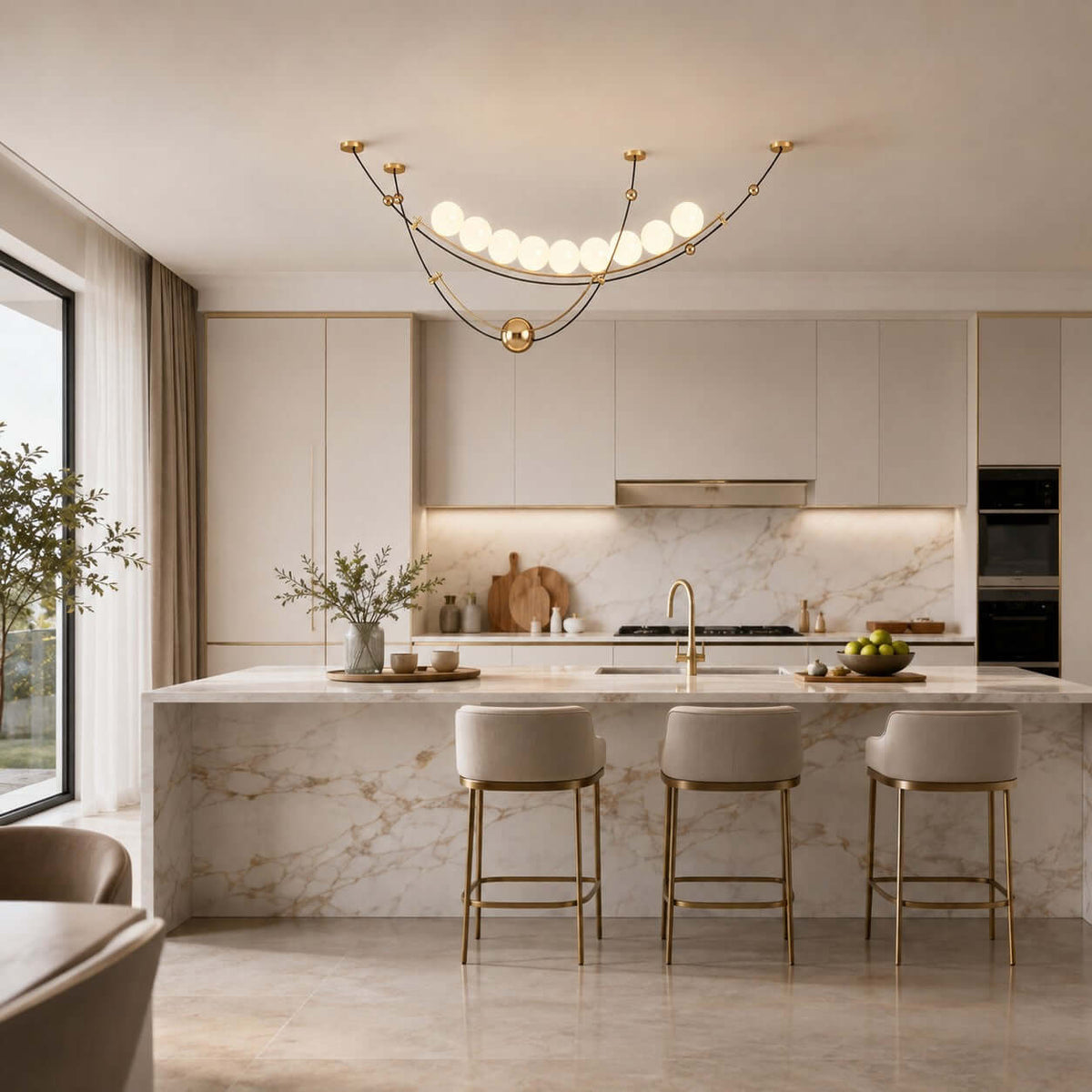 Clérachic globe pendant above a marble kitchen island with three cream bar stools, glowing against pale cabinets and a stone splashback.
