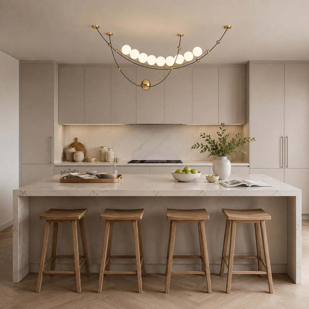 Clérachic pendant above a light kitchen island with four wooden stools, a bowl of green apples and a vase on the worktop.